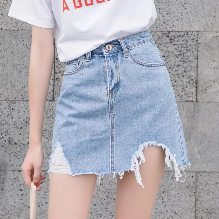 

On sale Summer Women High Waist Short washed out denim Skirts tassel jean Jupe Mini frayed raw-edge hem umbrella feminino
