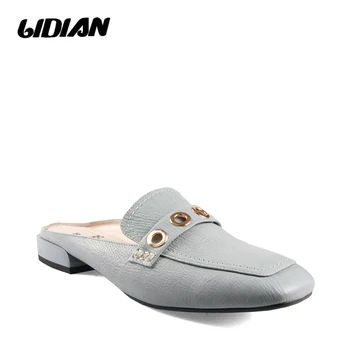 

LIDIAN Genuine leather low heels shoes women mules Vintage classic leather handmade sewing flat shoes Gold ornaments P18