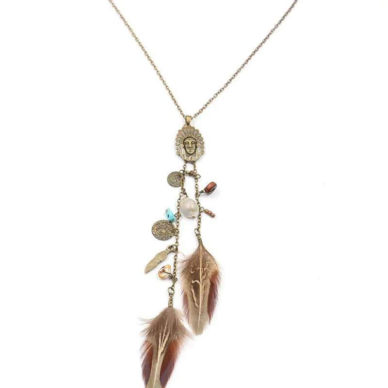 

Vintage Indian Jewelry For Women Ethnic Tribal Chiefs Natural Feather Pendant Necklace Fashion long Sweater Chain Necklaces