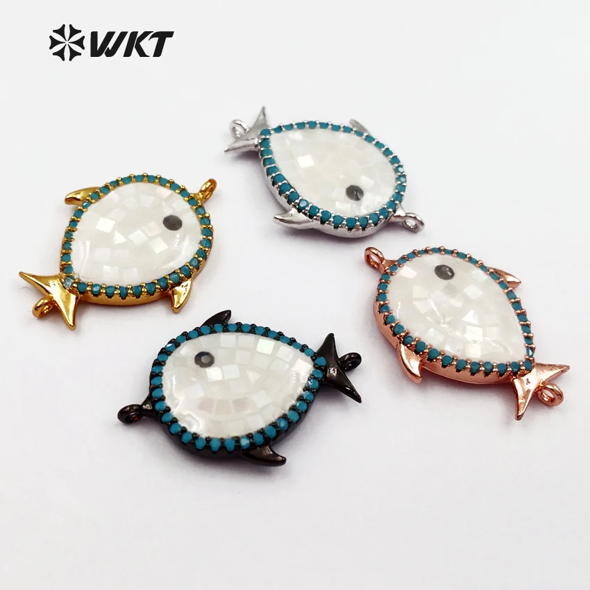 

WKT WT-MC259 Wholesale Lovely Fish Shape Bracelets Connector Silver plated Cubic Zirconia Micro Pave Natural Shell Connector