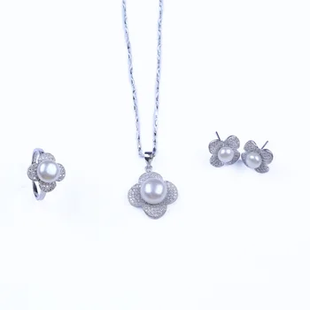 

925 fine silver button real pearl long necklace,flower shape earrings and ring rhinestone women jewelry sets for Wedding gifts