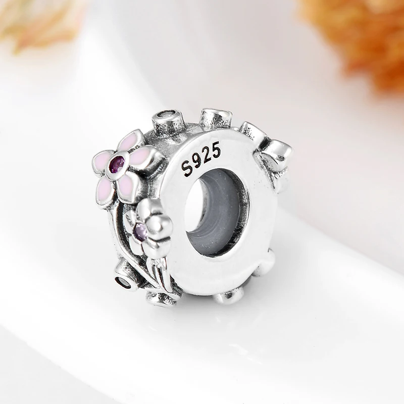 925 стерлингового серебра весна красивые цветы розовый CZ пробка раздельные бусины, Установка Pandora очаровывательный браслет ювелирные изделия изготовление