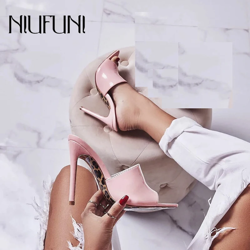 

Pointed Peep Toe Solid Color Stiletto Women's Slippers High Heels Casual Ladies Sandals Summer New Leopard Bottom Slippers