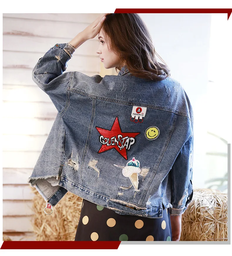 

DTYNZ new denim jacket 2019 women's loose bf Harajuku wind jacket fashion patch hole denim clothing women's clothing