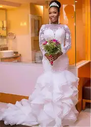 Винтажные Африканские свадебные платья русалки с оборками из органзы, прозрачные длинные рукава с аппликацией в нигерийском стиле
