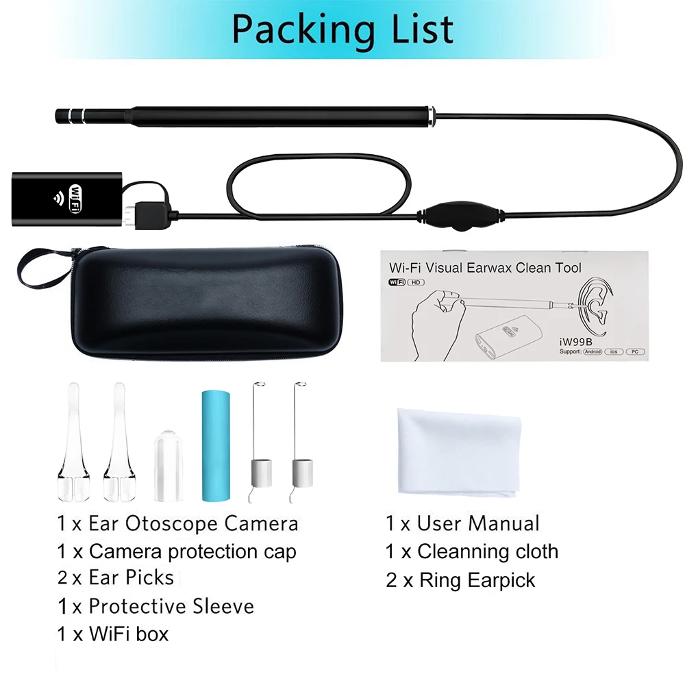Беспроводной ушной эндоскоп Otoscope с 6 светодиодными лампами Wi Fi Ушная камера