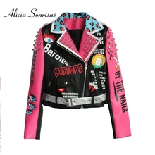 2019 Women Leather Jacket Street Fashion Rivets Leopard Letters Graffiti Colorful Eyes Print Motorcycle PU Leather Jacket Y8362