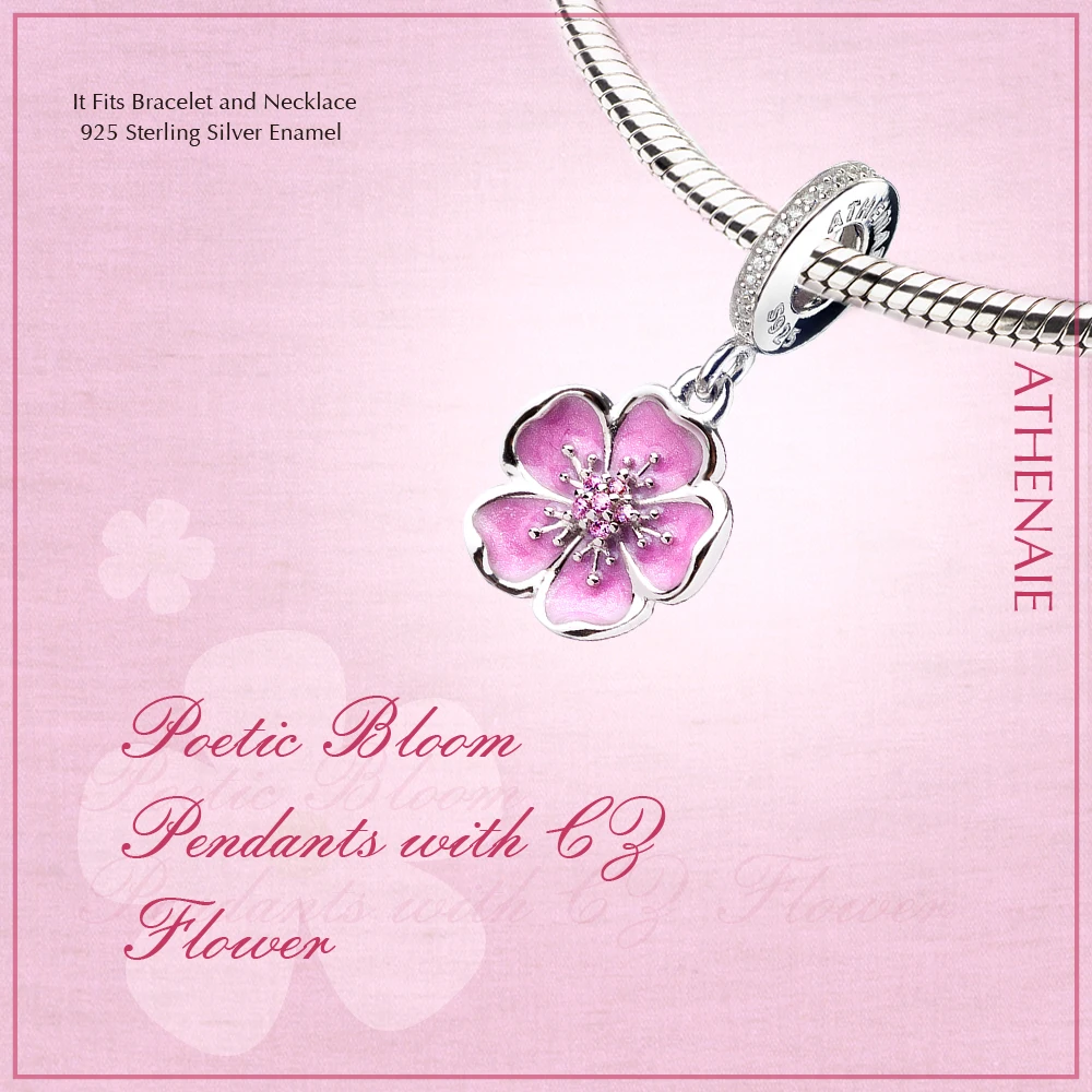 ATHENAIE 925 Sterling Silber Romantische Rosa Emaille Plum Blossom Anhänger mit CZ Birthstone Baumeln Charme Fit Europäischen Armbänder