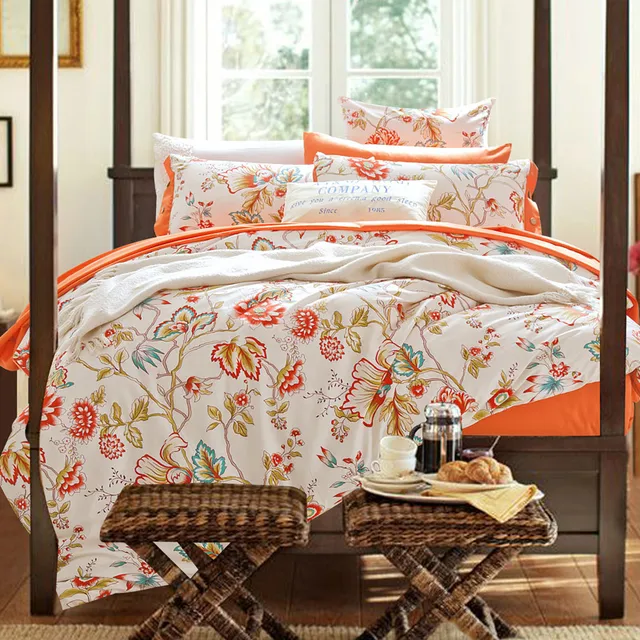2016 dropship home textile 100 cotton floral holiday bedding orange holiday sheet sets king