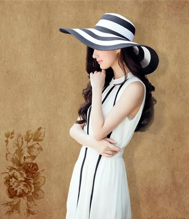 BINGYUANHAOXUAN Women's 2018 Straw Panama Sun Hat Black Striped Overflowed Floppy Fashion
