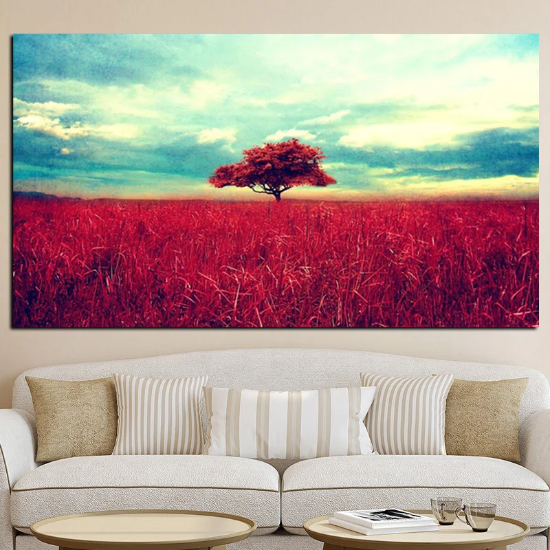 Digital Print Lone Red Tree Landscape Painting on Canvas Modern Pop Art Picture Wall Poster for Living Room Sofa Cuadros Decor