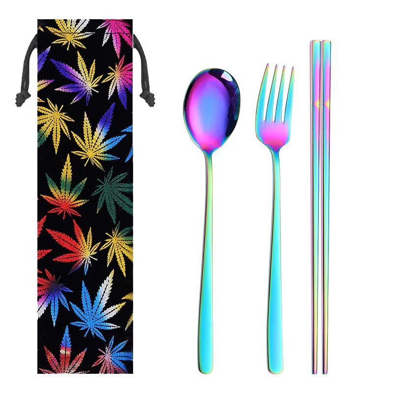 2019new Stainless Steel Cutlery Portable Cutlery Set Chopsticks Spoon Fork Reusable Straw and Portable Dinnerware Bag for Travel