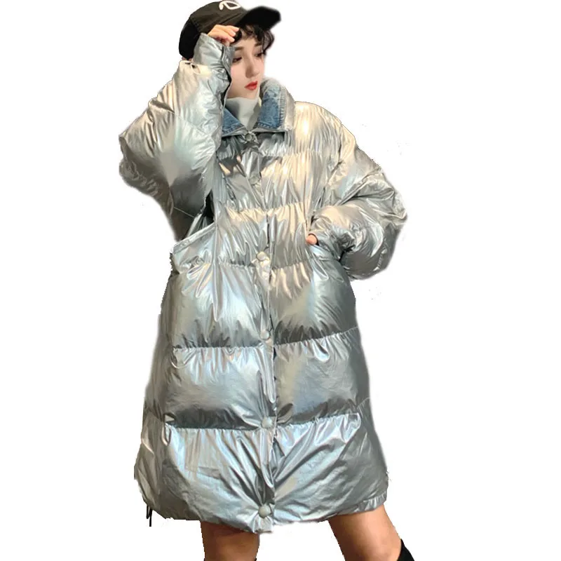 

2019 Warm glossy Silver Black Parka Women Harajuku BF Loose Jacket windbreaker Coat Winter Thicken Glossy Down Parka For Women