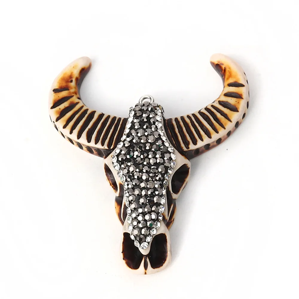 

Doreen Box Resin Boho Chic Pendants Animals Cow Brown Micro Pave Gray & Clear Rhinestone 56mm(2 2/8") x 49mm(1 7/8"), 1 Piece