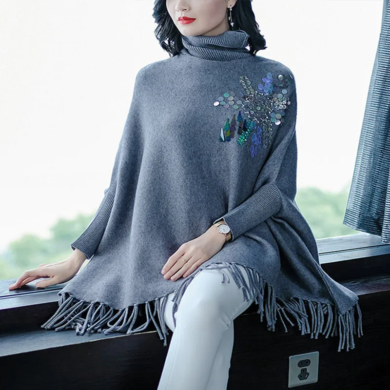 

2018 Autumn Winter Women Cloak Sweater High Quality Sequined Tassel Knitting Batwing Sleeve Casual Turtleneck Loose Pullovers