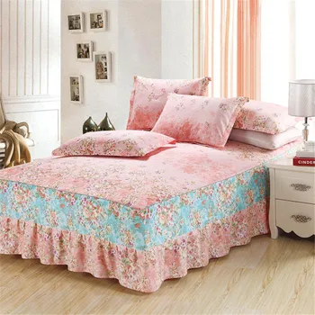

Elegant luxury pink blue small Flowers bedding set adult 100% Cotton Bed Skirt Ruffle Cover soft Pillowcase Elastic mattress set