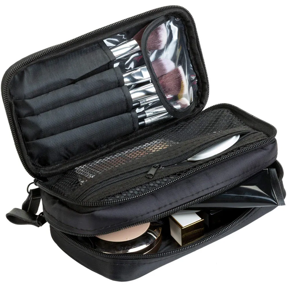 Black/Black-Pink Portable Women Nylon Cloth Dual Layer cosmetic Make up Pouch Brush Organizer Storage Bag cosmet Makeup Tool Kit Black/Black-Pink Portable Women Nylon Cloth Dual Layer cosmetic Make up Pouch Brush Organizer Storage Bag cosmet Makeup Tool Kit