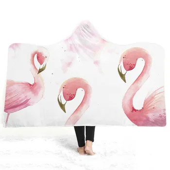 

Flamingo Hooded Blanket Tropical Sherpa Fleece Wearable Blanket Floral Kids Adults Throw Blanket Home Textiles on Bed Sofa