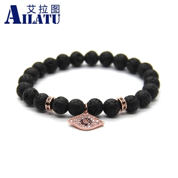

Ailatu 10 pieces Wholesale Jewelry 8mm Black Lava Stone with Micro Pave Black CZ Stoppers Beads, Fashion Eye Pendant Bracelet