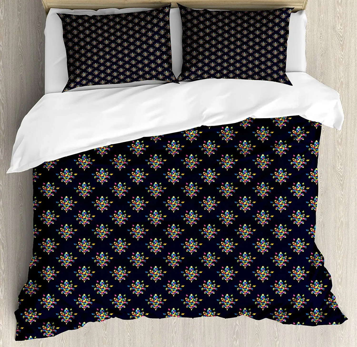 

Fleur de Lis Duvet Cover ,Ancient French Lily Flower Ornate Symbols with Mosaic Patterns, Decorative 3 Piece Bedding Set
