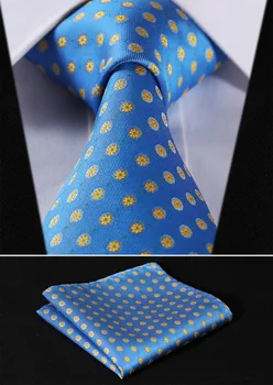 

Party Wedding Classic Pocket Square Tie TF117B8S Blue Yellow Floral 3.4" Silk Woven Men Tie Necktie Handkerchief Set