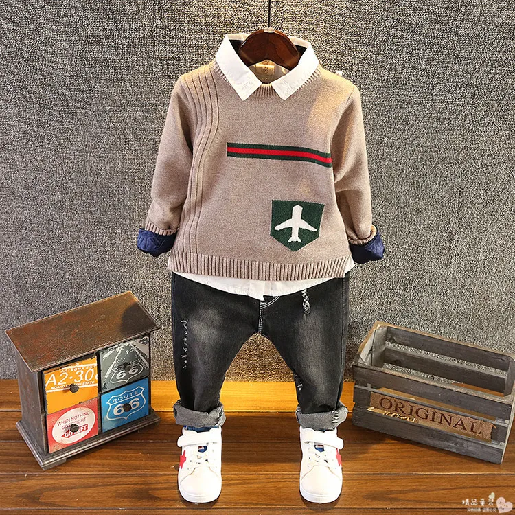 

2018 New Autumn winter fashion baby boys clothes set cotton Knit sweater + shirt + jeans 3pcs boys set 2-6Years
