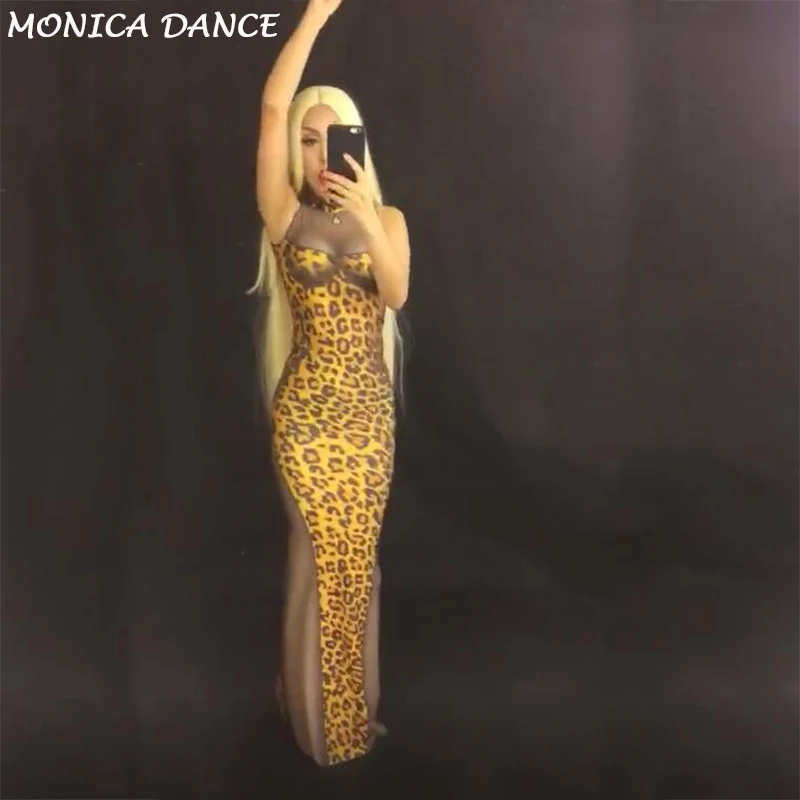 

Sexy Leopard Pattern Mesh Cotumes Sleeveless Cheongsam Long Women's Birthday Party Nightclub Outfit Female Singer Stage Wear