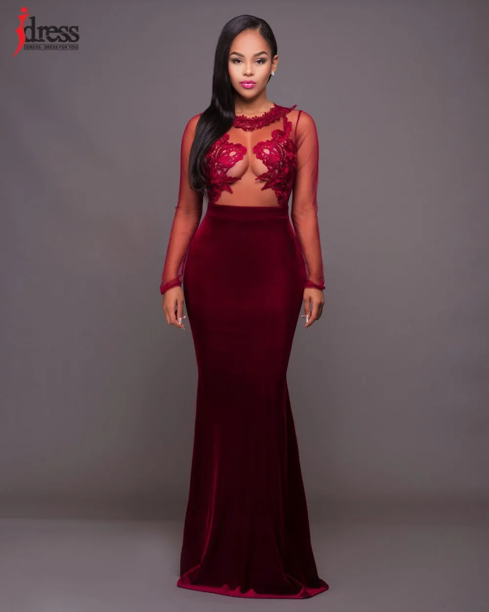 IDress High Quality Women Wine Red  Dark Green Sexy See Through Dress Women Club Party Evening Long Sleeve Velvet Maxi Dress (7)