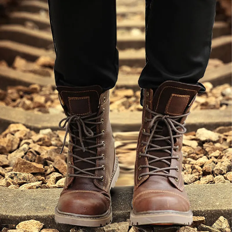 Genuine Leather Men's Round Toe Lace Up Mid-Calf Work Safety Ridding Boots Man Winter Outdoor Motorcycle Shoes safety shoes men shoes