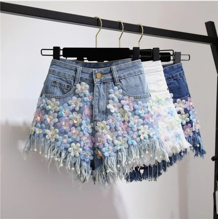 Borla e Alta Denim Pantalones Azul De Mujeres C d Verano Cortos a f Nuevas Estudiantes Manera Flor Del La 2018 Cintura Shorts b Ff8qAxA