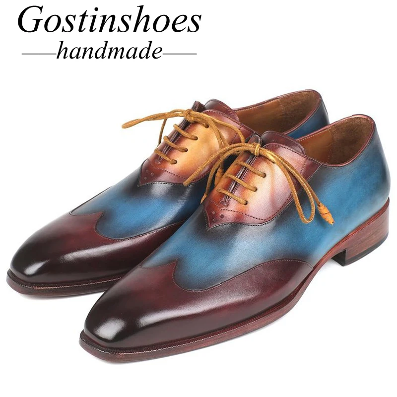 

GOSTINSHOES HANDMADE Goodyear Welted Mixed Colors Split Leather Handmade Lace-up Pointed Toe Dress Shoes Men Oxford SCZ027