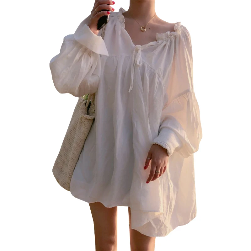 2019 الربيع و الصيف أنيقة النساء قمصان الحلو قميص فضفاض الشارع الشهير كامل الصلبة الخامس الرقبة نفخة الأكمام قمصان