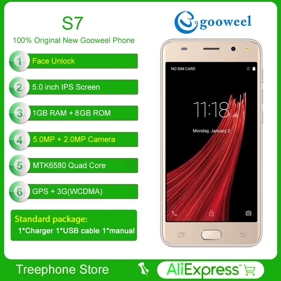 Оригинальный Gooweel S7 смартфон Face Unlock MTK6580 4 ядра 5 0 дюйма ips 3g мобильный телефон
