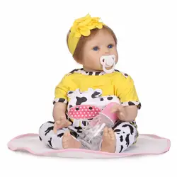 NPKCOLLECTION55cm Новый cottorn тела Моделирование Baby Doll с желтым headflower и Корова одежда силиконовые куклы для новорожденных и малышей