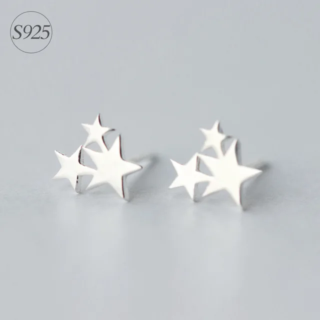 Srcoi Korean Fashion Simple 925 Sterling Silver Triple Star Stud Srcoi Korean Fashion Simple 925 Sterling Silver Triple Star Stud Earrings Minimalist Style 3