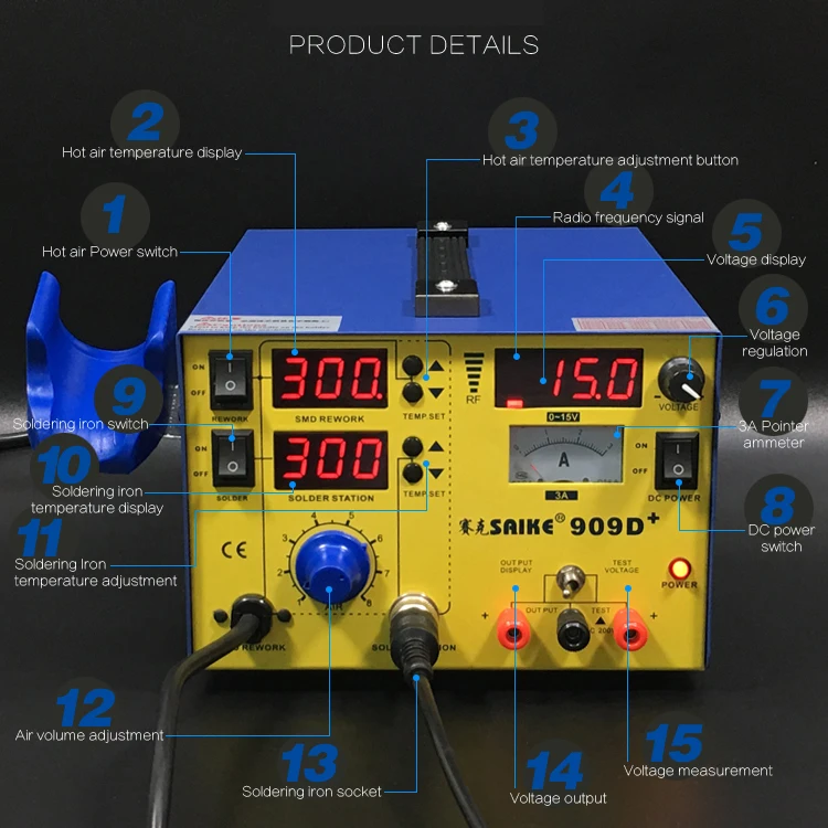 SAIKE 909D 909D+ 3 в 1 фена паяльная станция De паяльная станция DC Регулируемый источник питания 15 в 3 А 220 В 952D