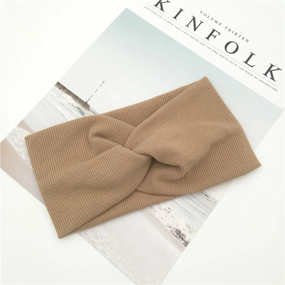 NEW Fashion Women Girls Elastic Hairbands Solid Color Bowknot Headwear Soft Cross Knot Headbands Hair Accessories - Цвет: Khaki