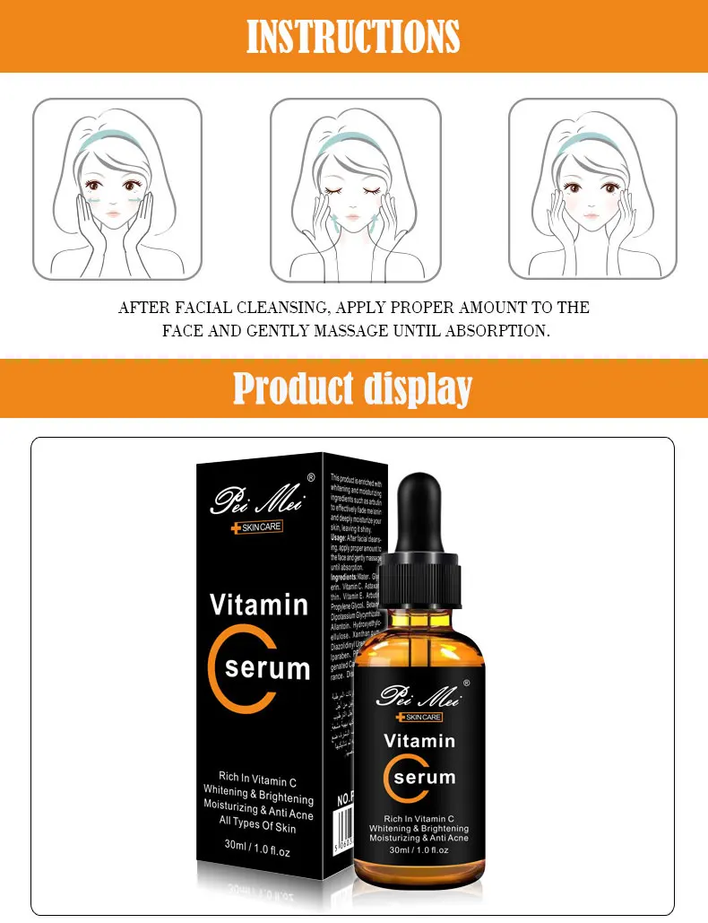 Pei Mei Vitamin C20 Face Serum Whitening Brightening Moisturizing Anti Acne Anti Aging Reduces Age Spots anti Freckles Fade Dark