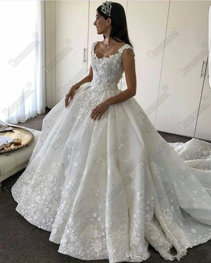 

Vestidos De Novia 2018 3D Flowers Wedding Dress Custom Made Pleat Waist Wedding Gowns Cathedral/ Royal Train Bridal Dresses