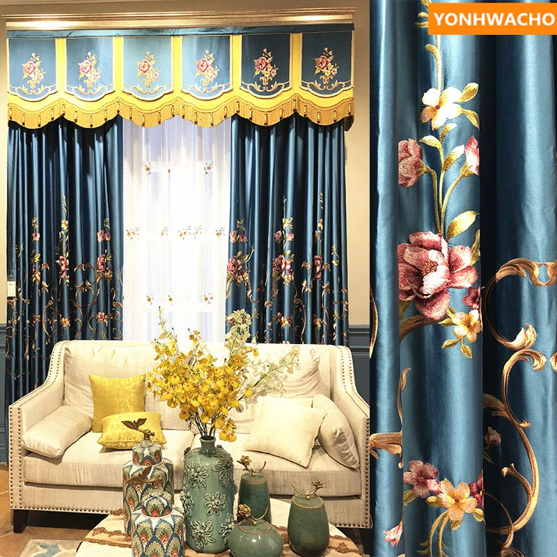 

Custom curtains simulation silk embroidered blue embroidered American window cloth blackout curtain tulle valance drape B129