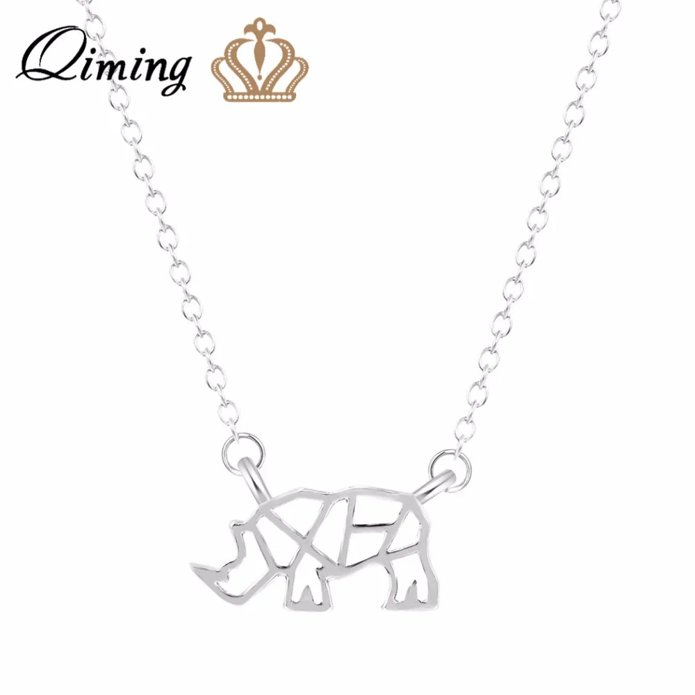 

QIMING 2017 New Design Women Pendant Necklace RHINO RHINOCEROS OUTLINE SHAPED PENDANT NECKLACE For Girl Gift Gold Necklace