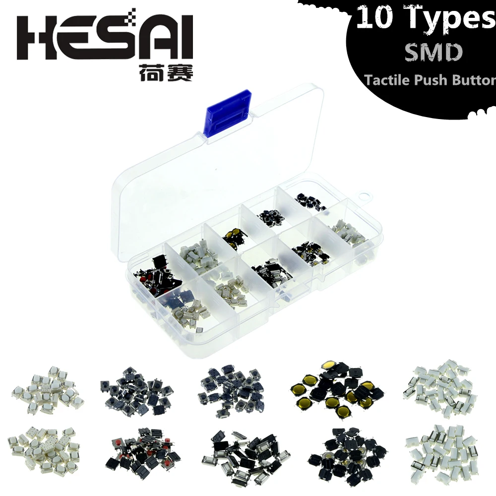 

250Pcs 10 Types SMD Tactile Push Button Touch Switch Remote Keys Button Microswitch for school education lab DIY Kit