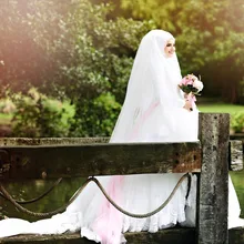 Robe de Mariage YWD338 Princess Ball Gown Pink Bow Back Hijab Veil Beaded Lace Long Sleeve Muslim Wedding Dress Gelinlik