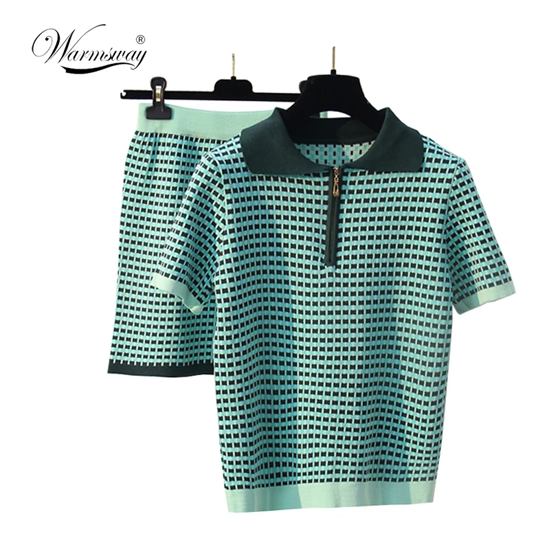 

WARMSWAY Autumn Womens Contrast color Two Piece Sets Zipper Sweater High Waist Plaid Skirt Short sleeve Casual Skirt Sets C-120