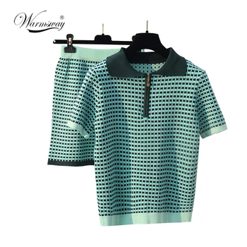 

WARMSWAY Autumn Womens Contrast color Two Piece Sets Zipper Sweater High Waist Plaid Skirt Short sleeve Casual Skirt Sets C-120