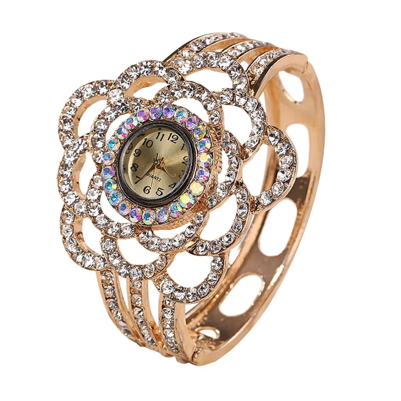 NEW Fashion Womens Flower Band Hollow Out Bangle Crystal Quartz Bracelet Watch Jewelry Charm #2AP25 (13)