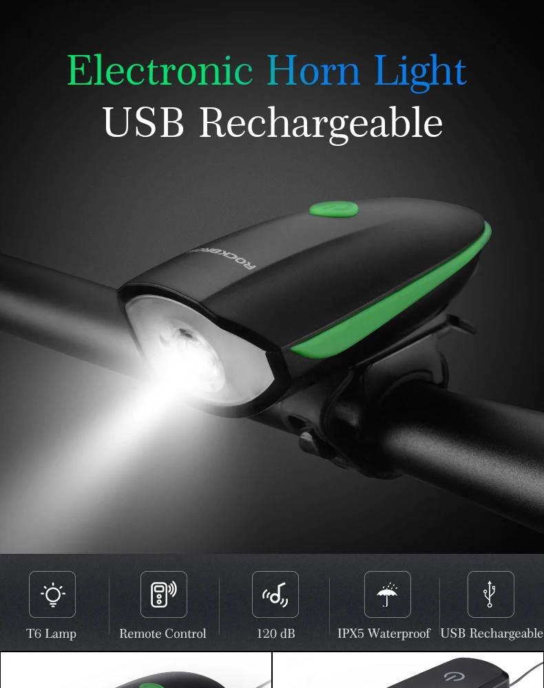 ROCKBROS Rechargeable2 в 1 свет велосипед колокол Рог 350 Люмен USB MTB велосипед передний свет электрический звонок фонарик Водонепроницаемый