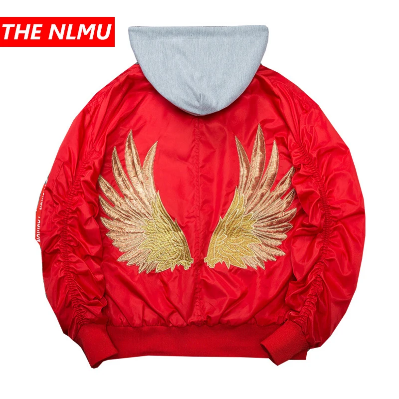 

Spring Men's Bomber Jacket Hip Hop Fashion Men Gold Wings Embroidery Jackets Coats Hooded Streetwear High Street Outwear WE324