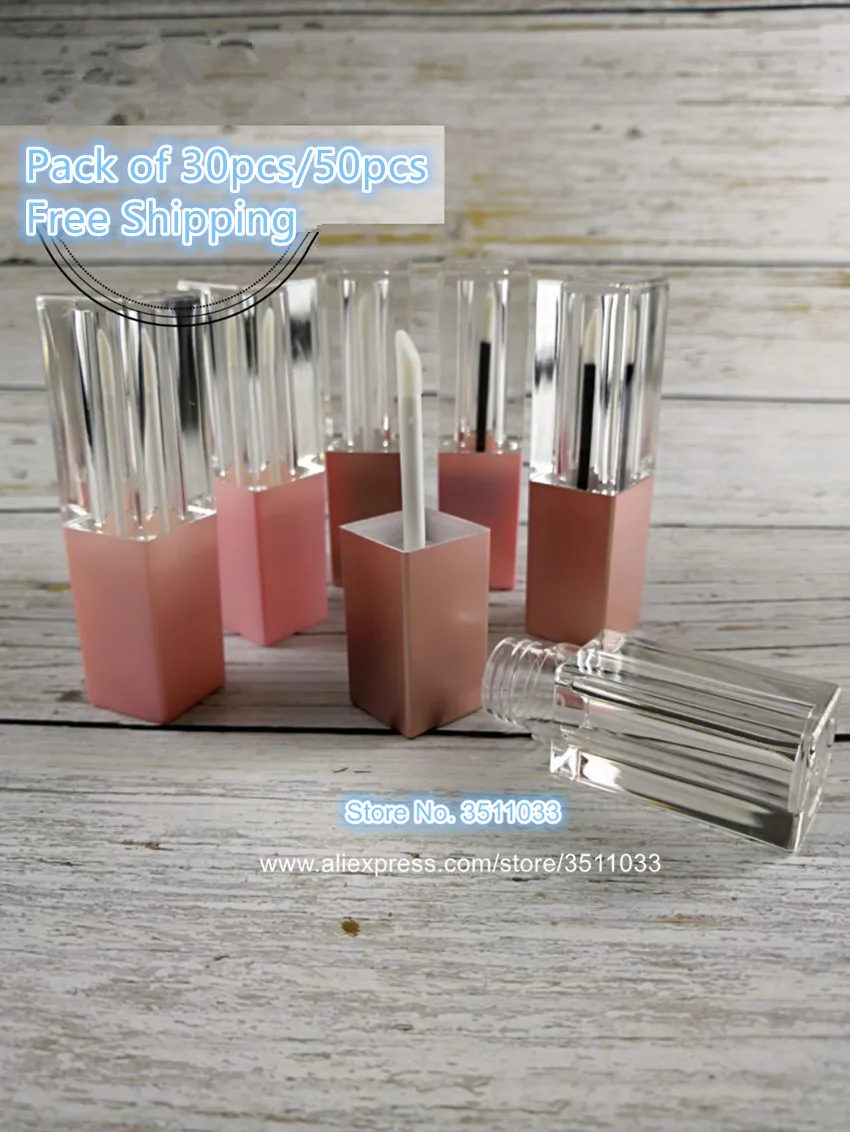 

50pcs Pink Square Plastic Lip Gloss Bottle Tube Empty Clear Lip Gloss Container Rose Gold Cap Beauty Pink Lip Oil PackageTube