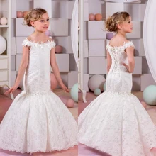 2019 Mermaid Lace Flower Girl Dresses for Weddings Ivory Kids Evening Dress Holy Communion Dresses For Girls Pageant Gowns knee length flower girls dresses for weddings tulle kids evening gowns a line mother daughter dresses for girls with hade make